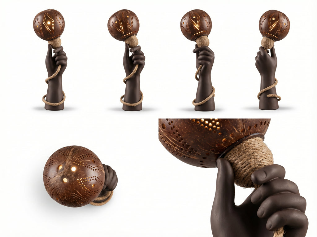 Decorative item with a hand holding a wooden ball on a white background
