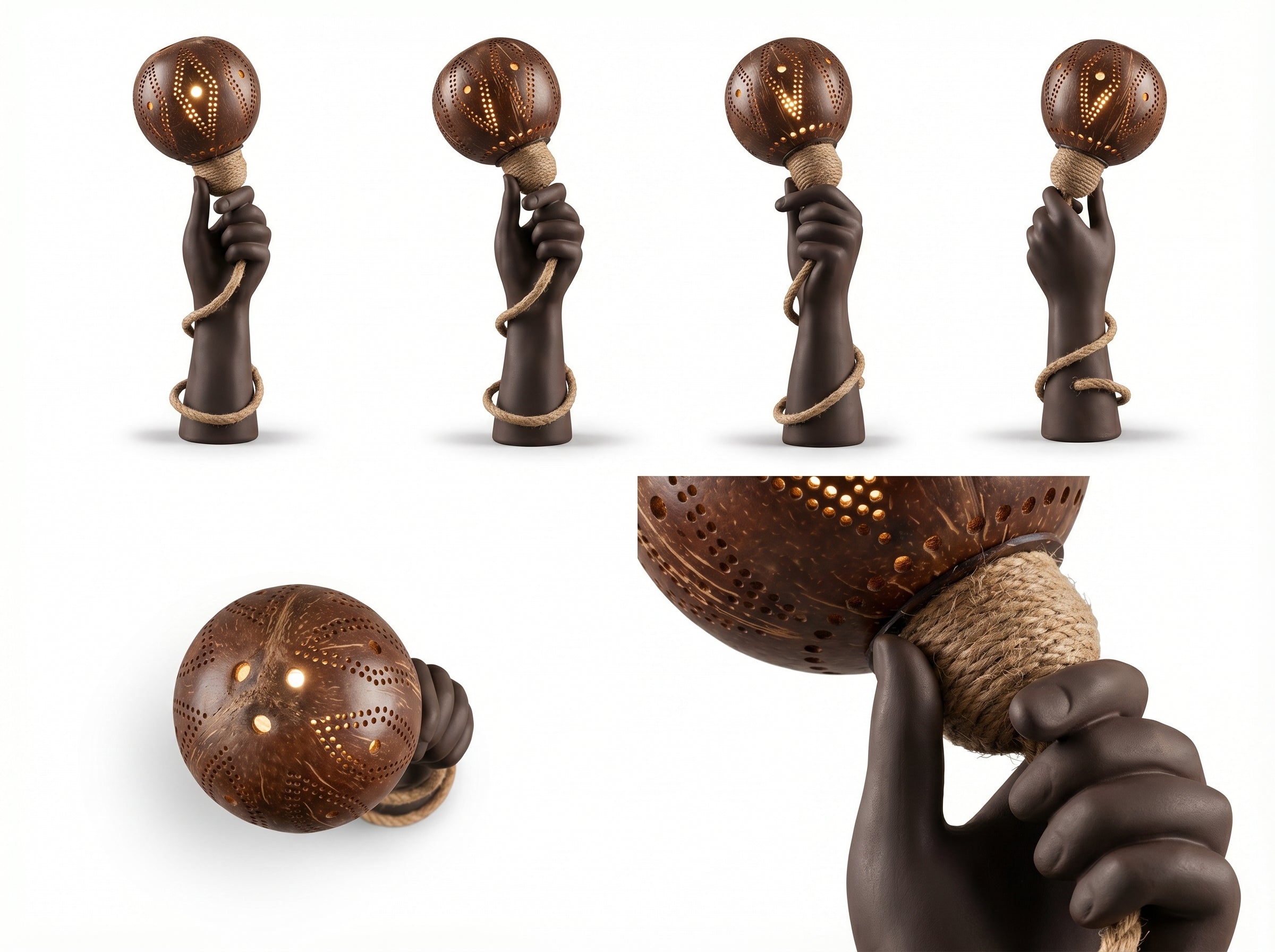 Decorative item with a hand holding a wooden ball on a white background