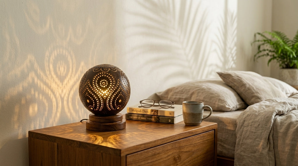 Decorative lamp on a wooden nightstand with books and a mug in a bedroom setting.