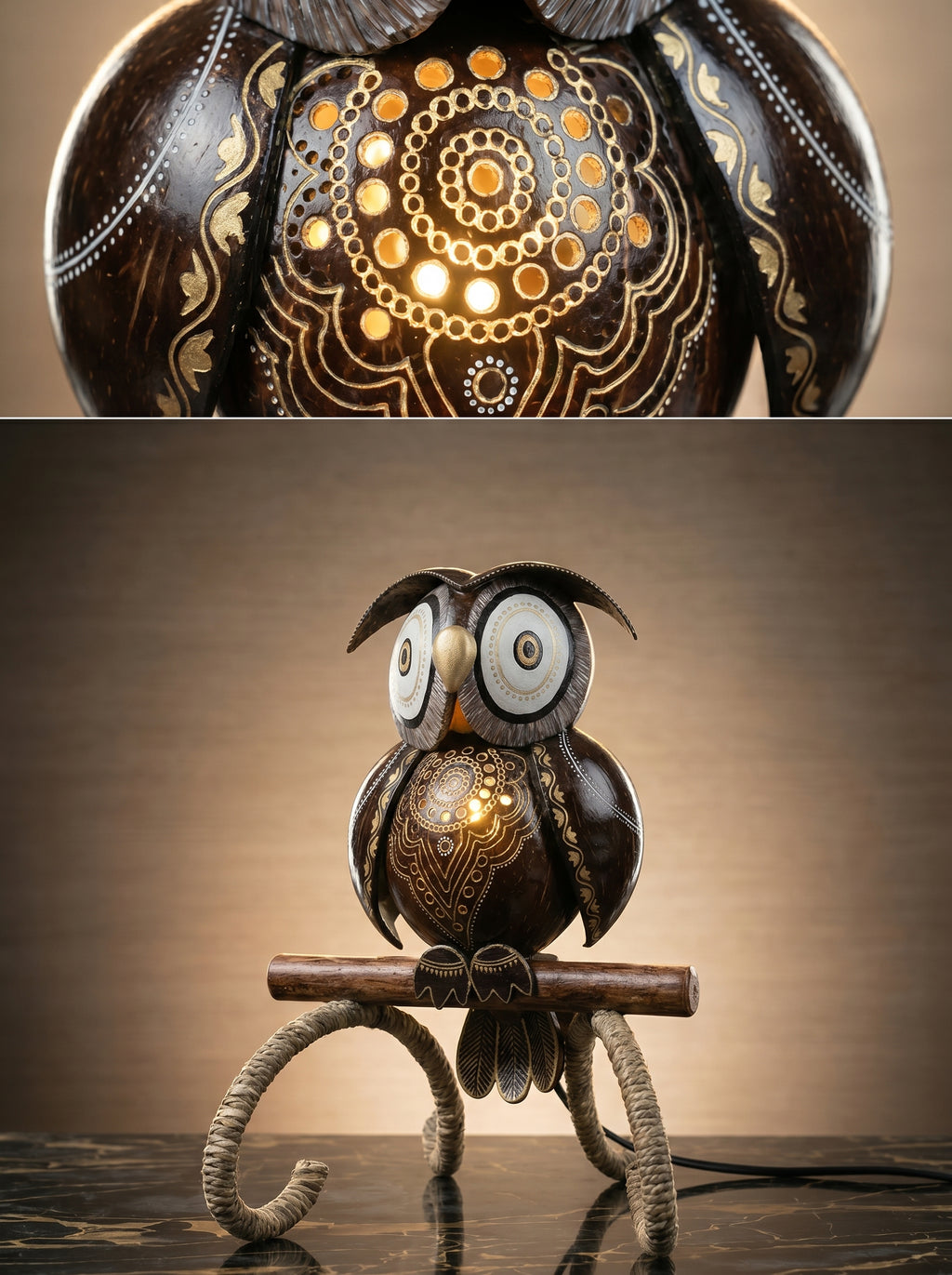 Woven Owl Table Lamp Handcrafted