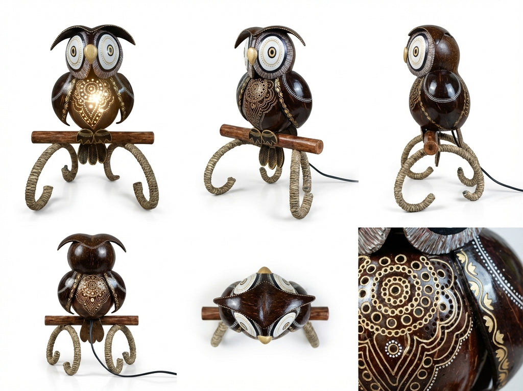 Woven Owl Table Lamp Handcrafted