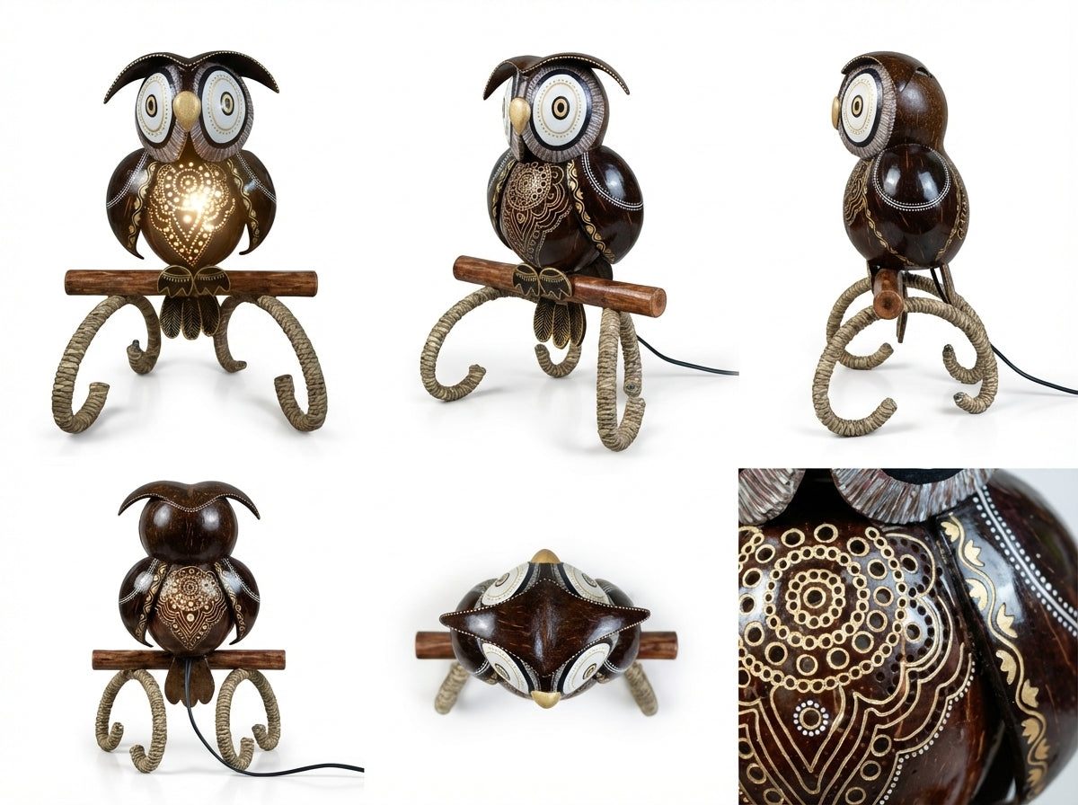 Woven Owl Table Lamp Handcrafted