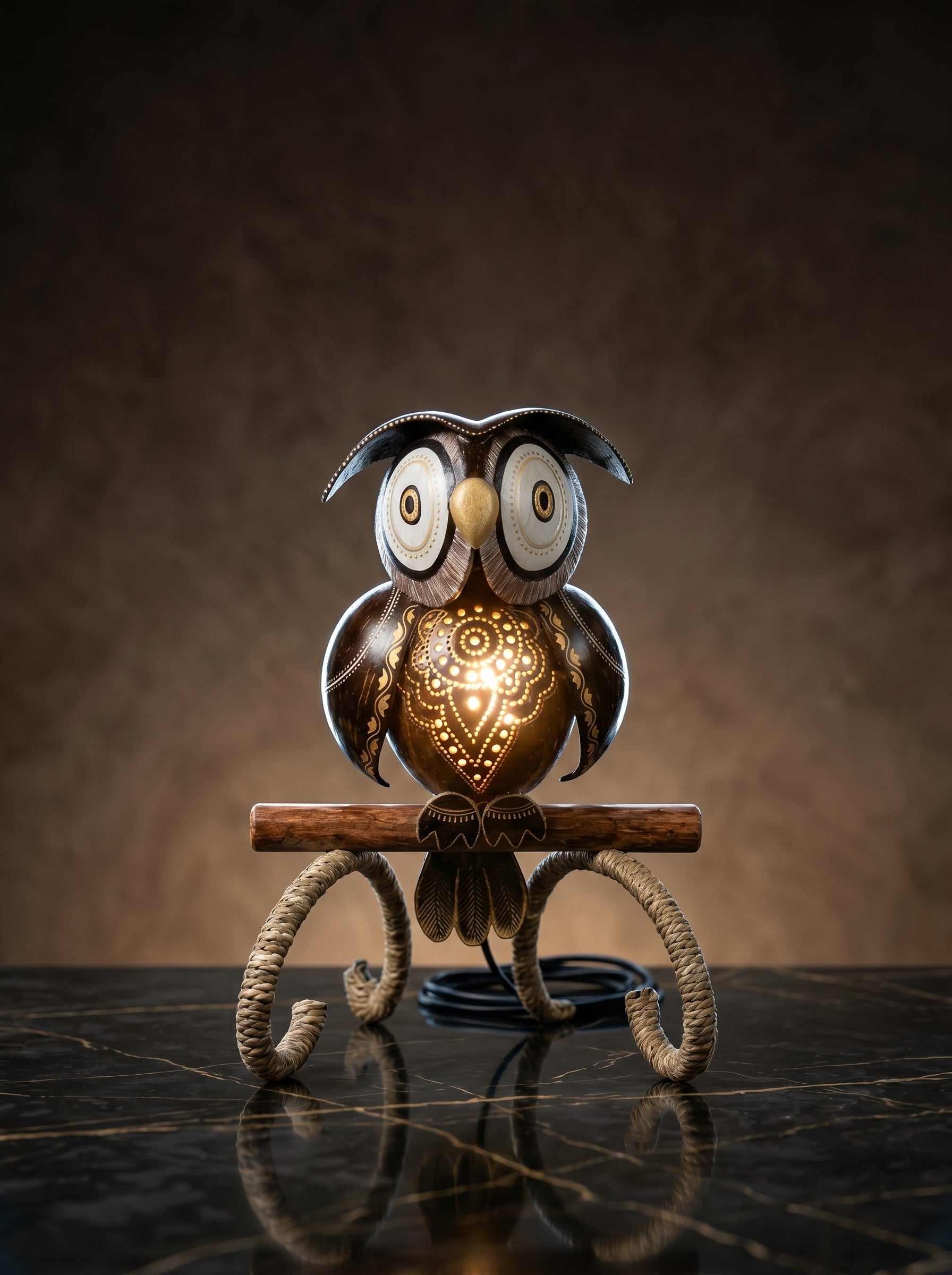 Woven Owl Table Lamp Handcrafted