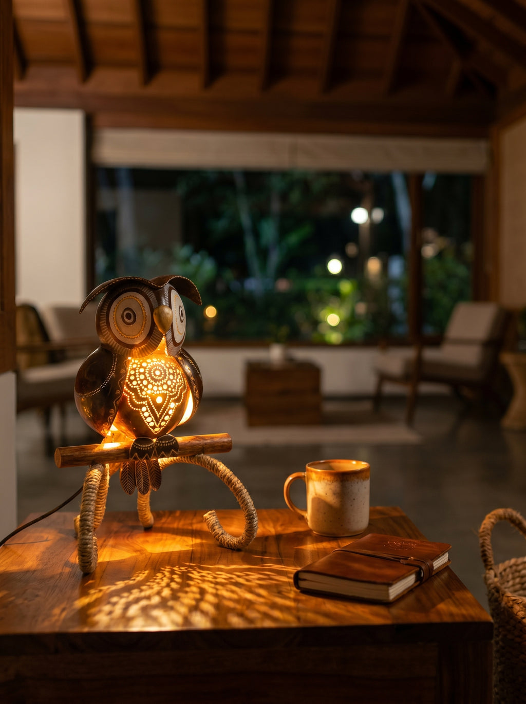 Woven Owl Table Lamp Handcrafted